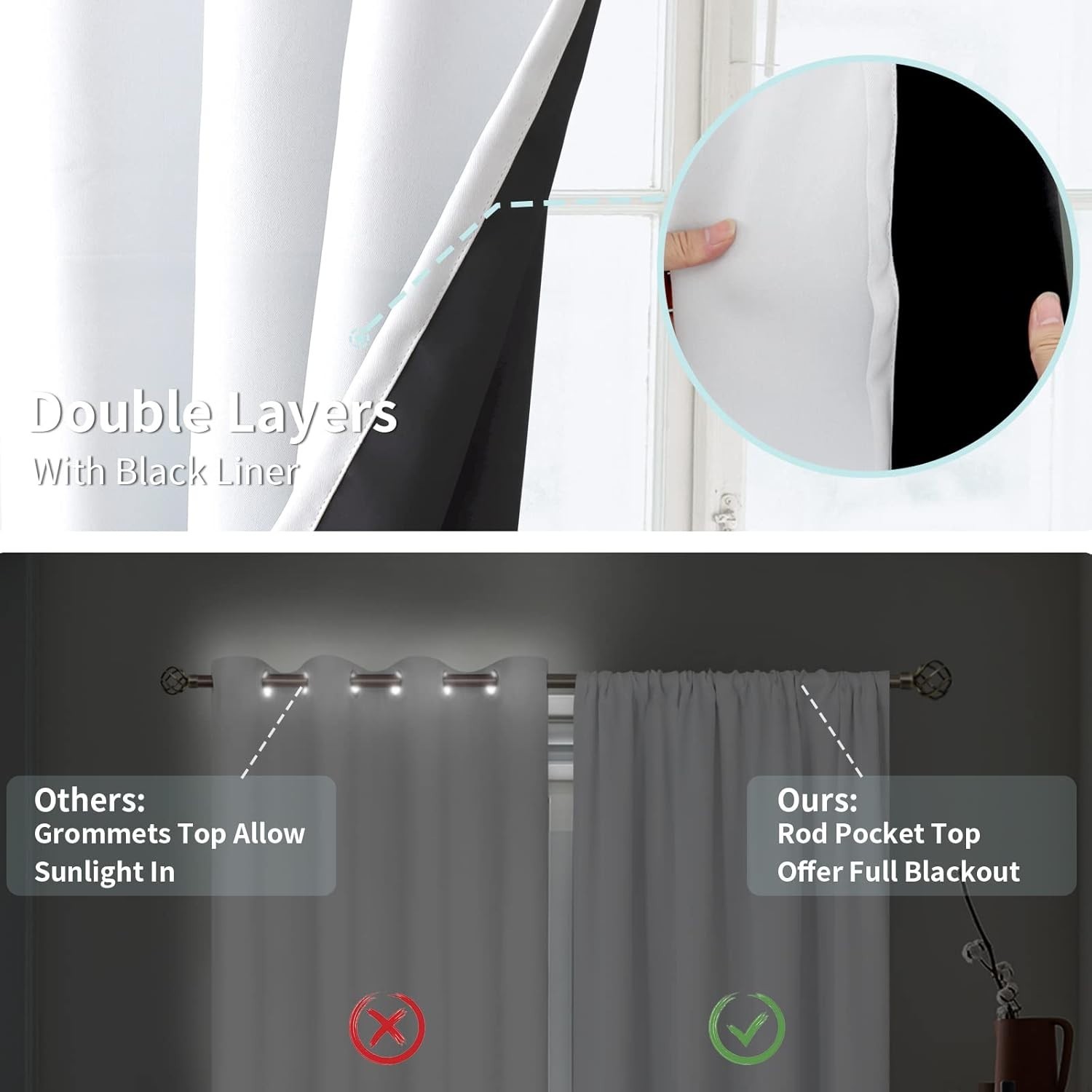 Bedroom Blackout Curtains 52×84″ 2 Panels, Noise Reducing, Thermal Insulation
