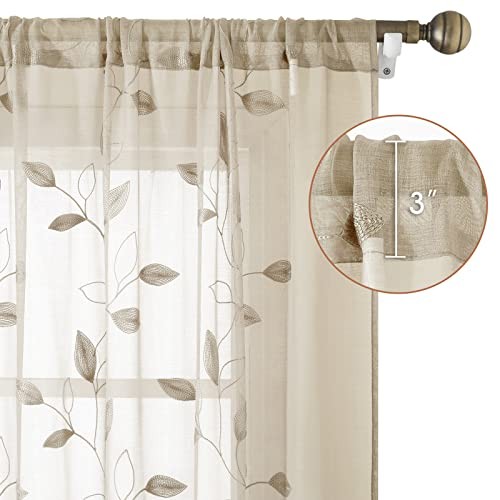 HOMEIDEAS Taupe Sheer Curtains 52 X 63 Inches Length 2 Panels Beige Embroidered