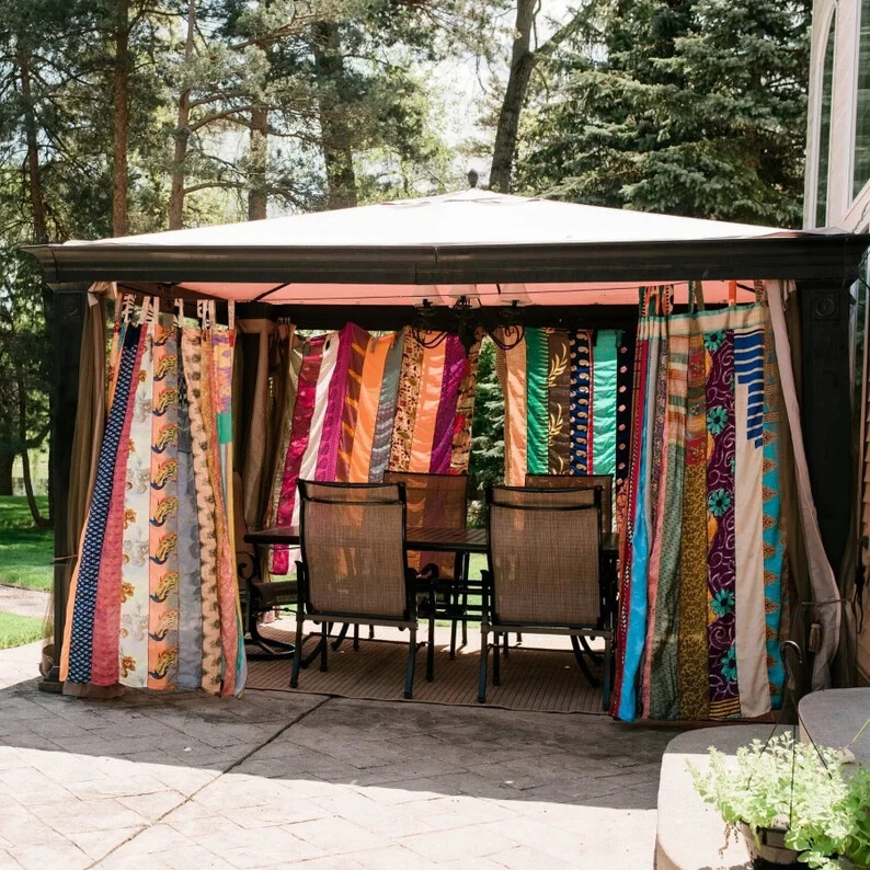 2 Pc Indian Old Recycle Silk Saree Boho Multi Curtain Door Drape Decor Curtain