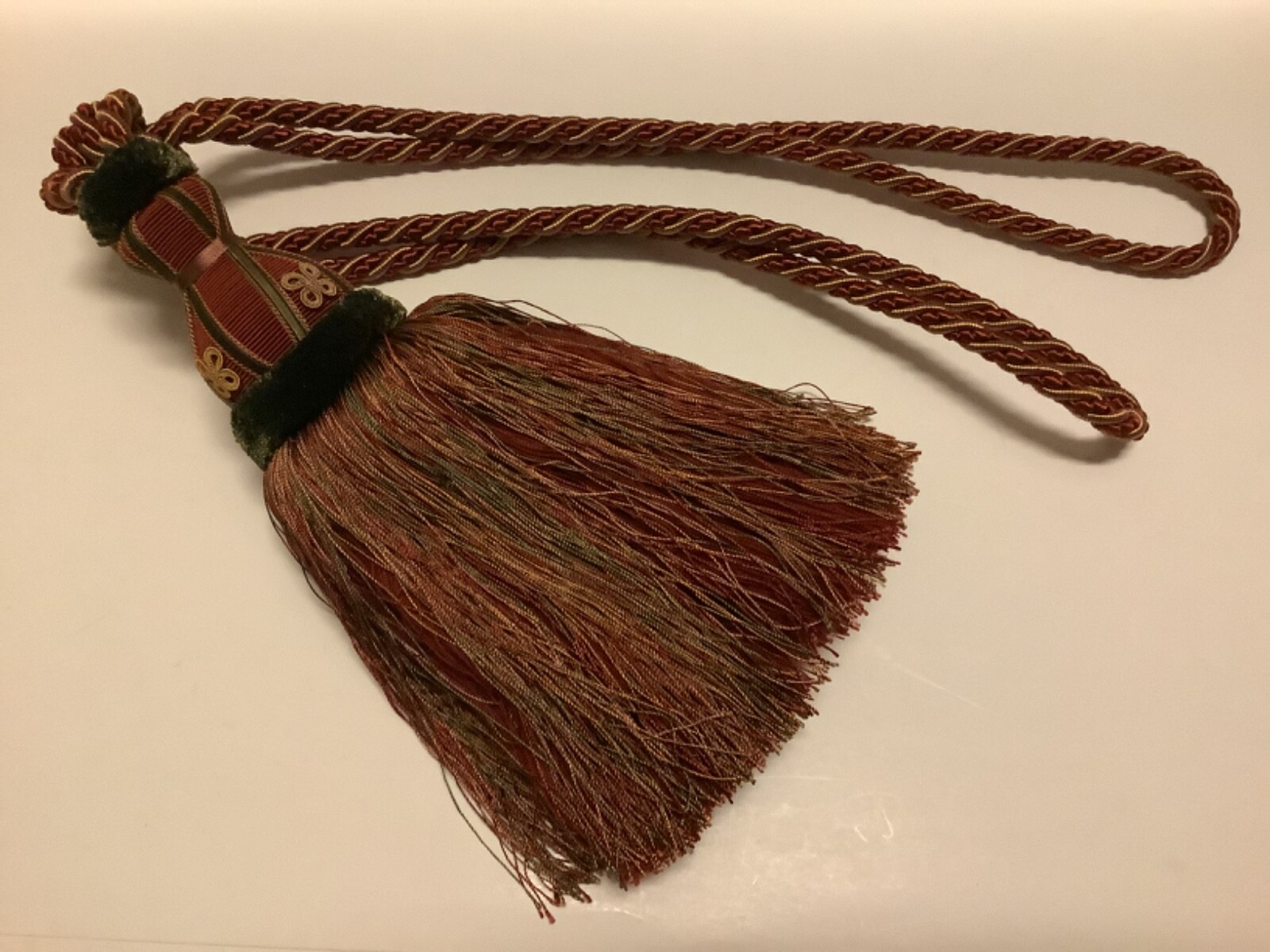 Single Traditional Large Beige Green Burgundy 12” Tassel Rope Curtain Tie Back