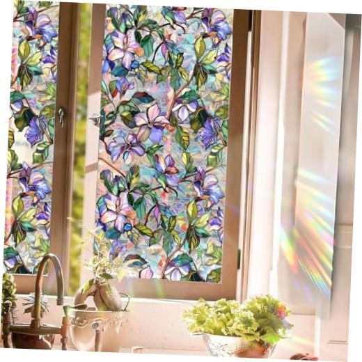 Stained Glass Window Film, Rainbow Floral Static 17″W x 78.74″L Purple Flower