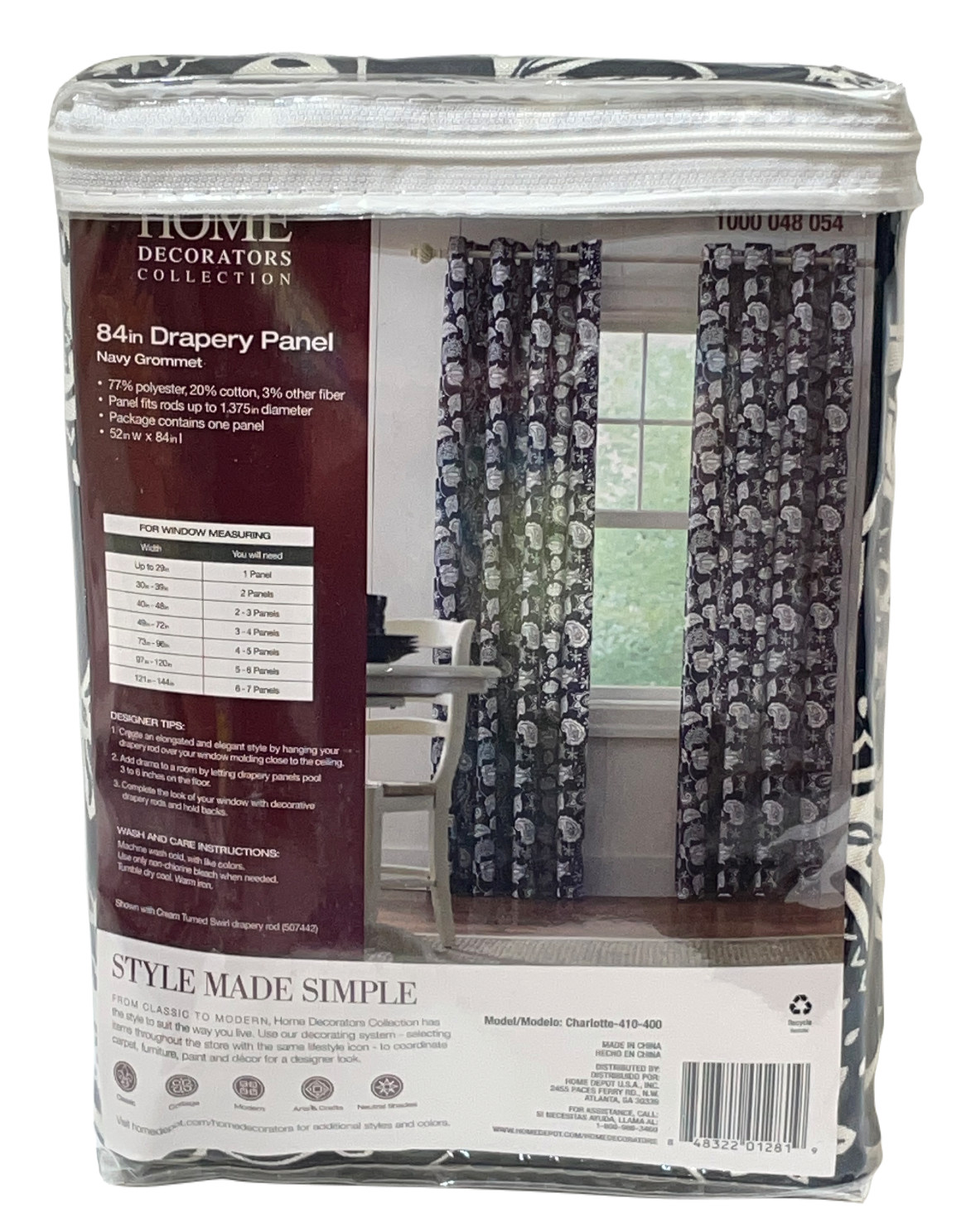 Home Decorators Charlotte Cottage Panel 52″ x 84″ Navy & White Paisley Grommet