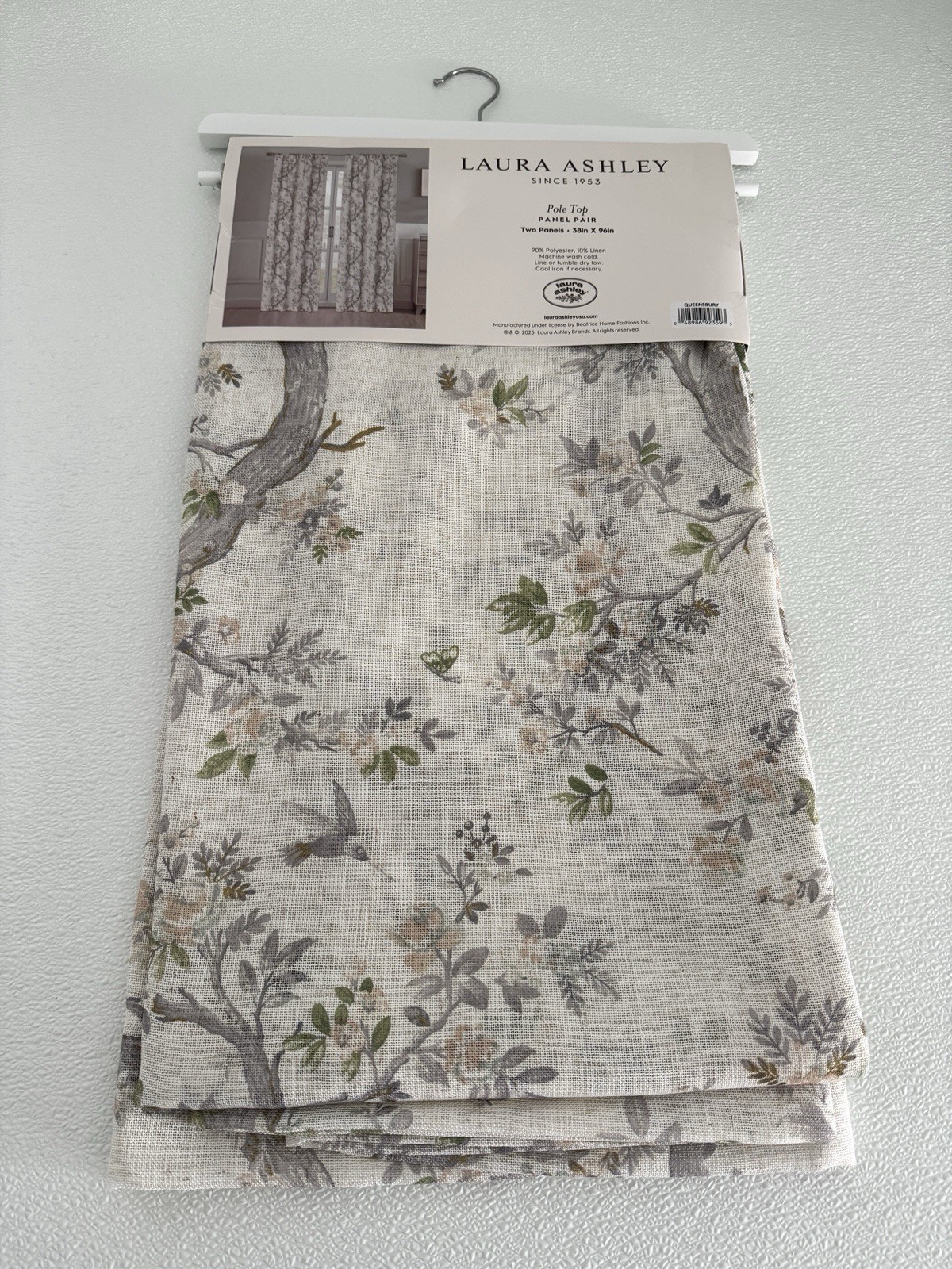 Laura Ashley Window Curtains 2 Panels 38 x 96″ Linen Khaki Gray Cream Pole Top