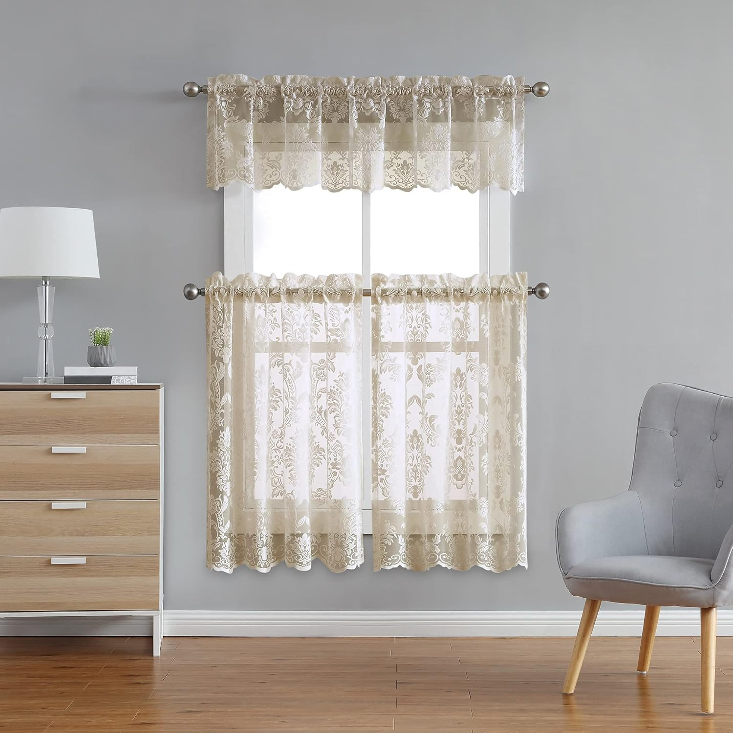 Pair of 30 Inches Wide X 36 Inches Long Gold Linen Knitted Lace Kitchen Tier Cur