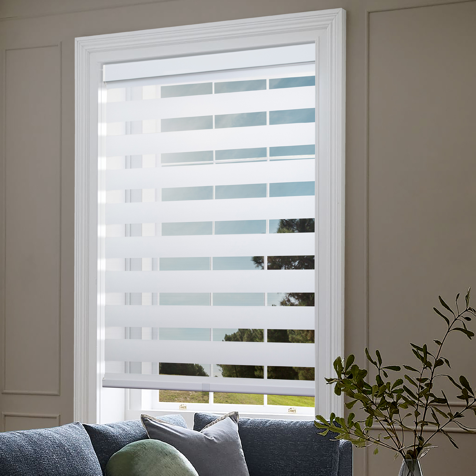 Cordless Zebra Roller Blinds Sheer Shades, Sheer or Privacy – White, 48″W X 72″H