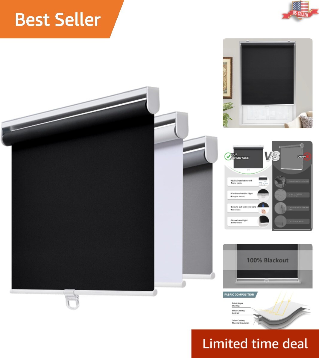30″ W x 72″ H Black Cordless Roller Shades – Complete Sunlight Blockage Solution