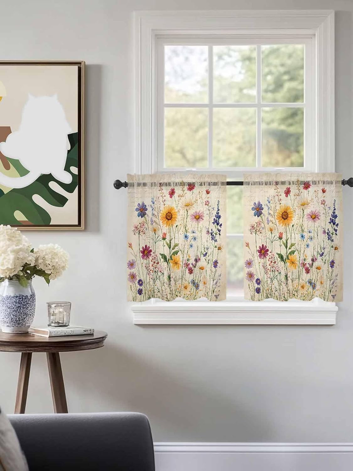 Botanical Floral Sheer Curtains for Bedroom Living Room Window Tier Curtain 36 I