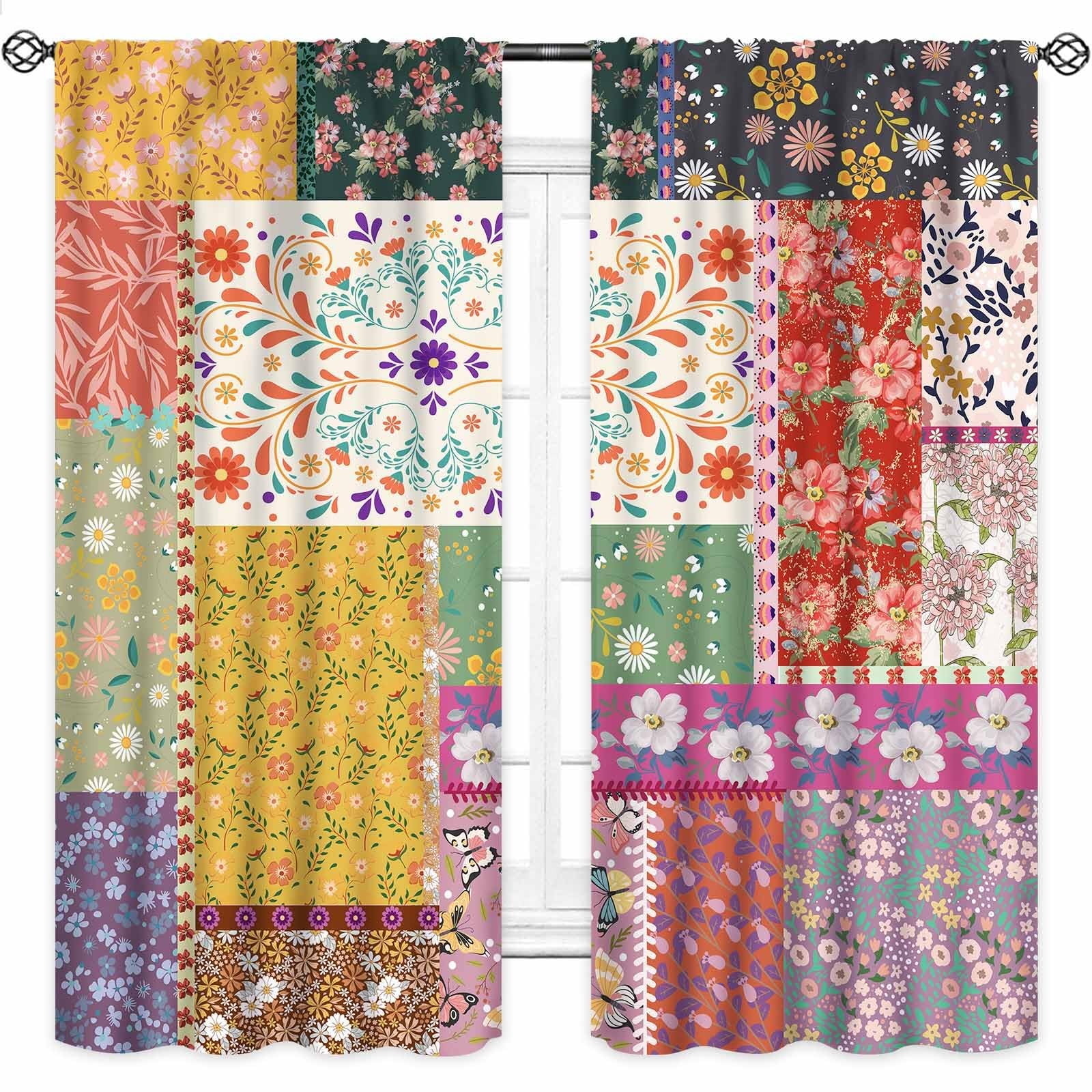 Boho Patchwork Curtains,Spring Colorful Wildflower Farmhouse Bohemian Country…