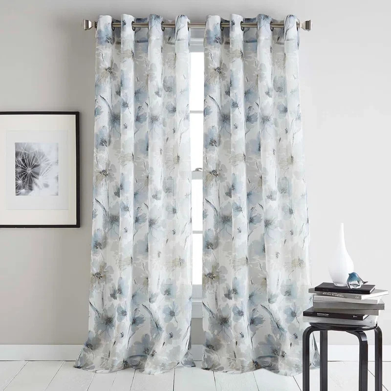 DKNY Modern Bloom Curtain Panel 50×95 Blue Gray Floral Grommet New 1 Panel