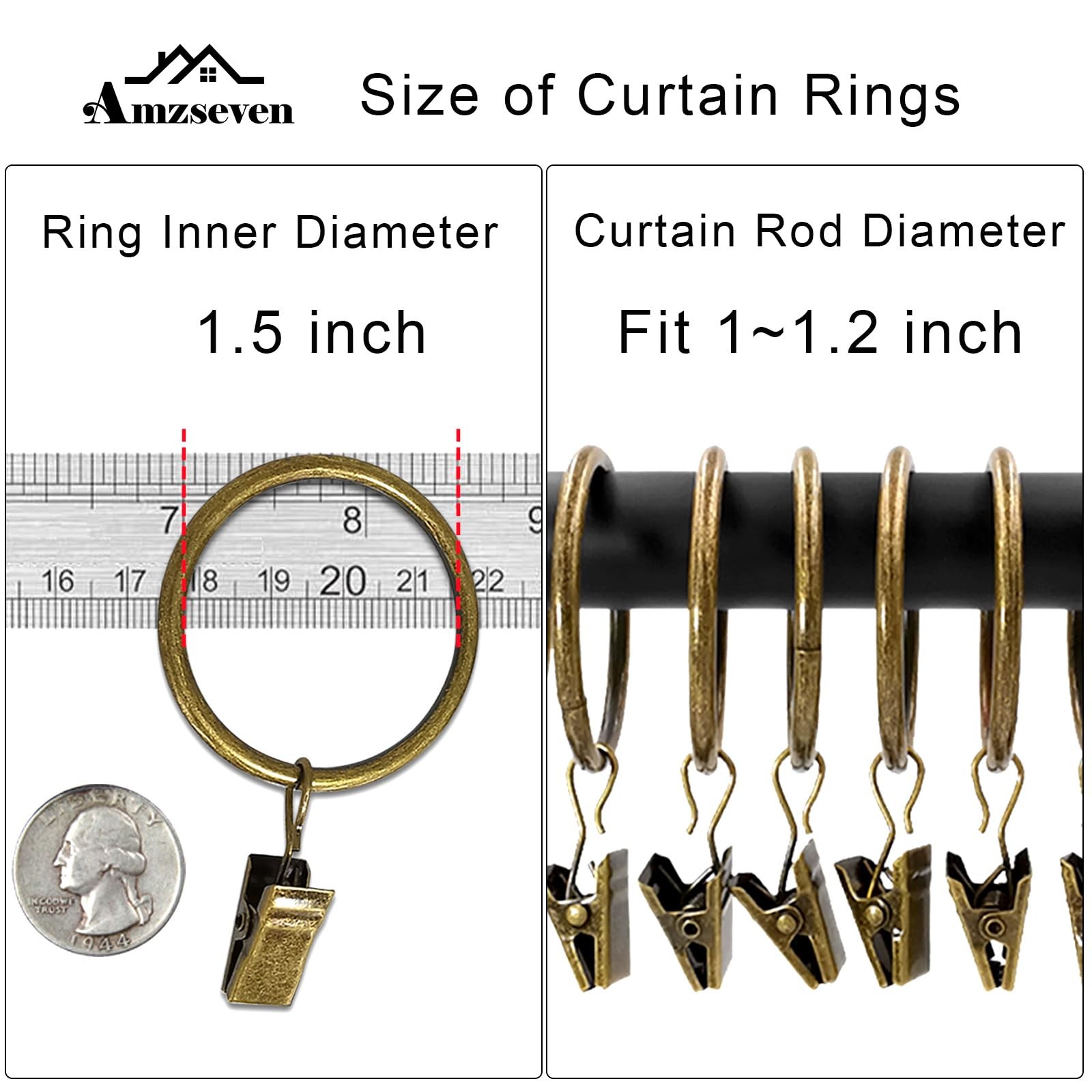 Metal Curtain Rings with Clips 1.5in Antique Bronze 100 Pack