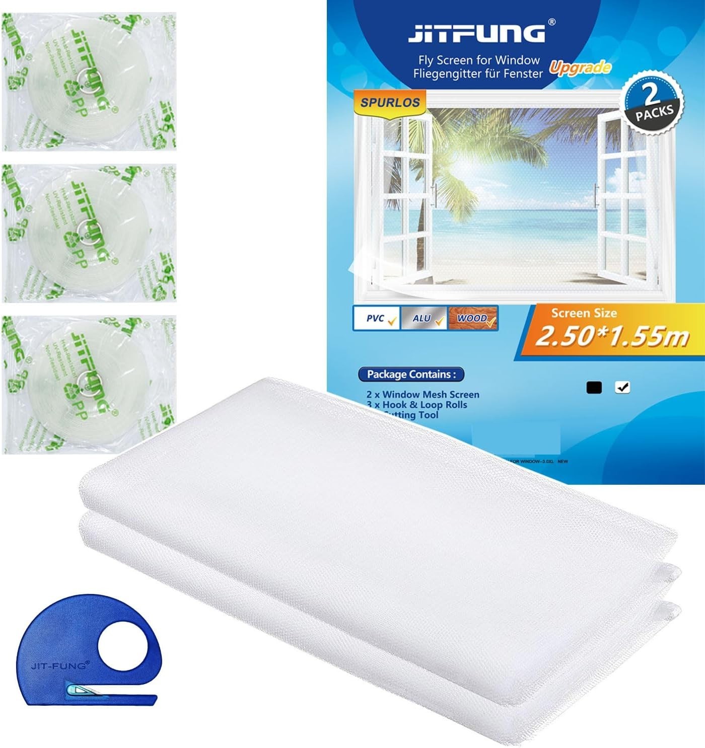 DIY Window Screen Kit White 2 Pack Self-Adhesive Custom Mesh Net 98×61