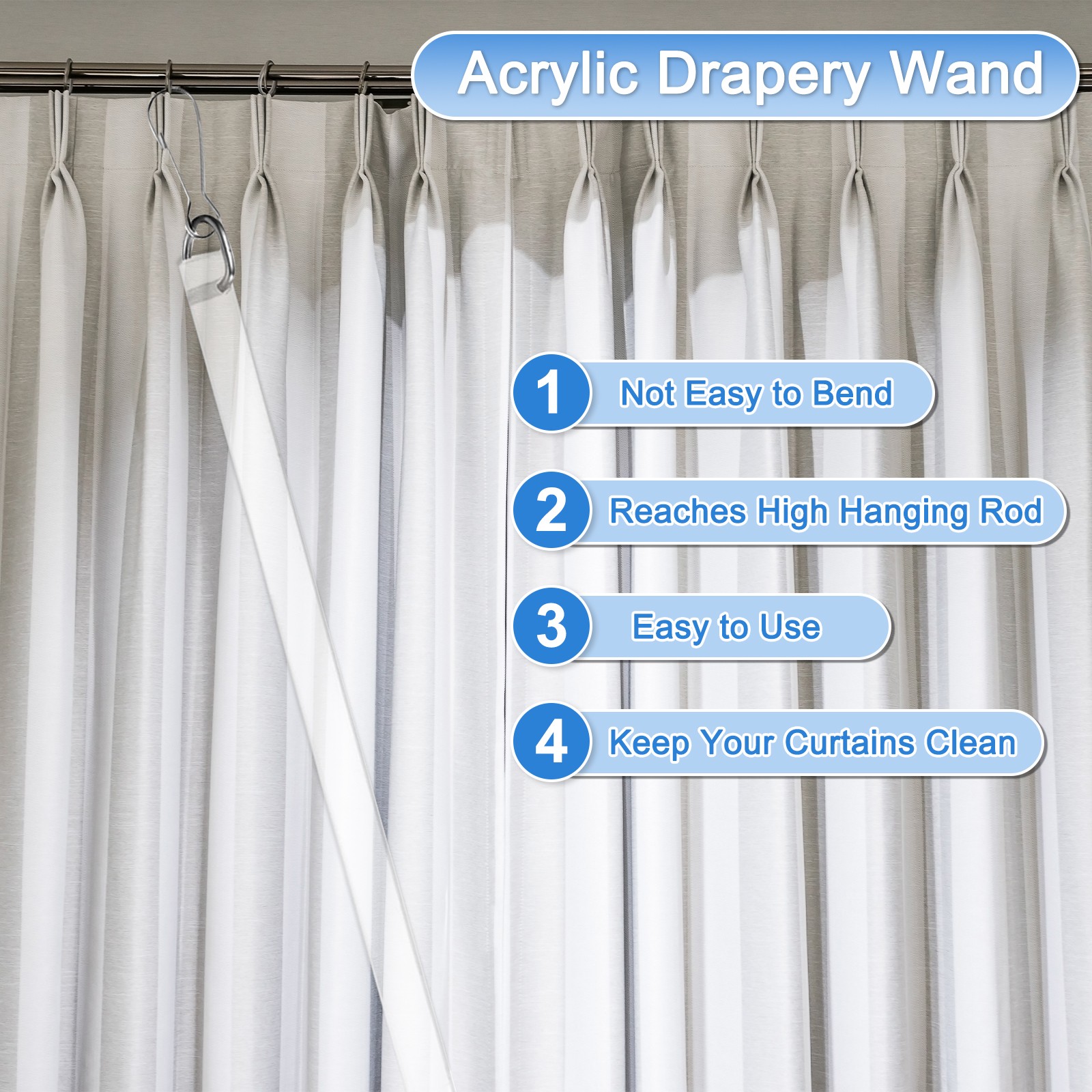 36″ Acrylic Drapery Wand Universal Curtain Pull Rod with Snap Hook Clear