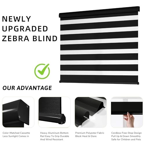 Cordless Zebra Blinds for Windows, Dual Layer Free-Stop 20″W x 72″H Black