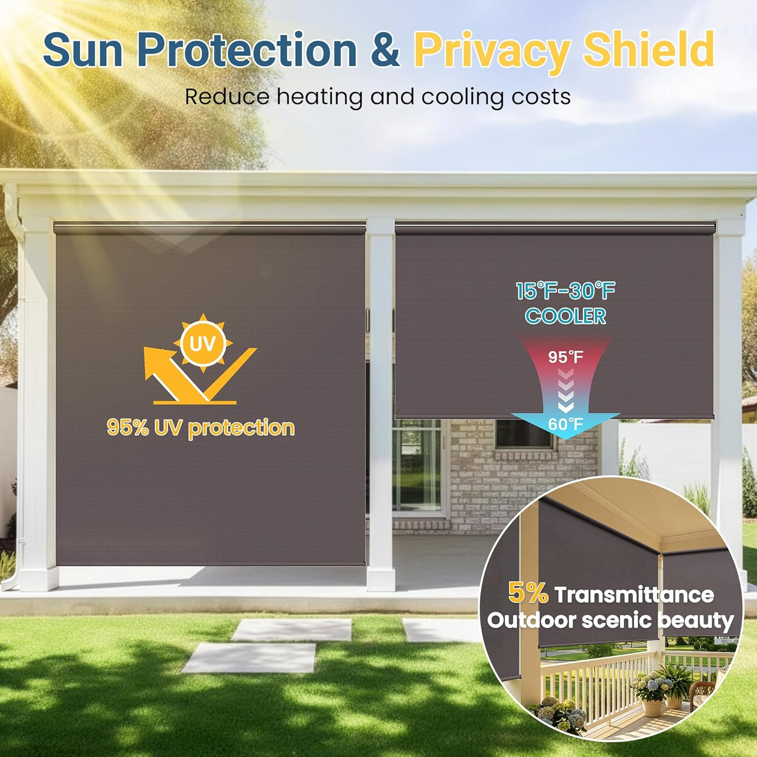 Patio Outdoor Roller Shades 10’W x 8’H, 95% UV Protection, No Crank, Brown