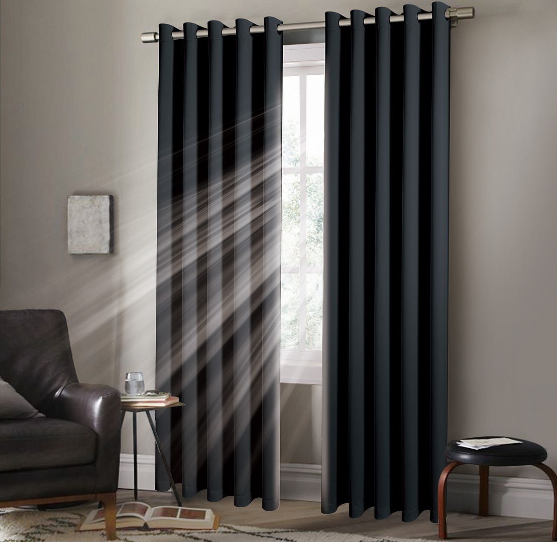 Plain Thermal BLACKOUT LINED EYELET Ring Top Curtains with Tie Backs