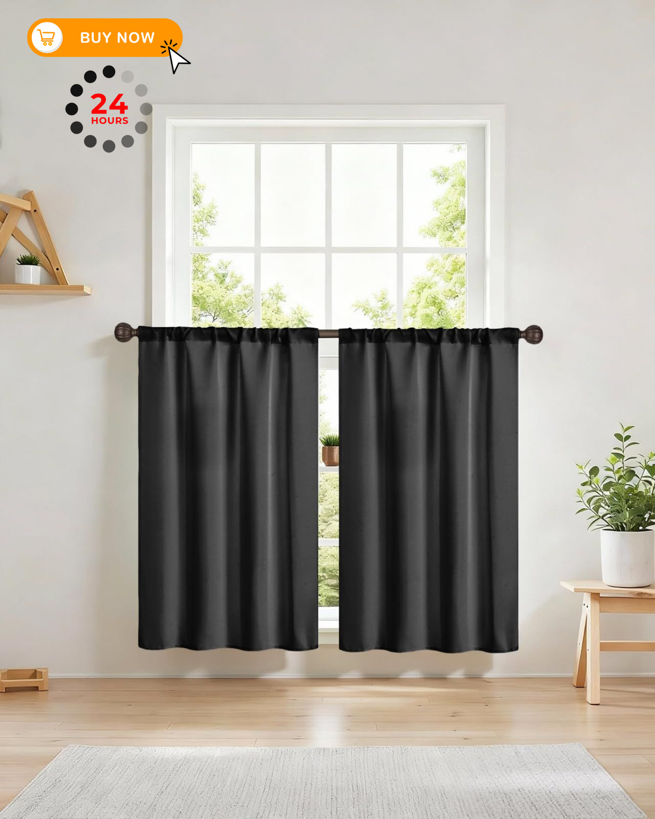 Easy Home Short Blackout Window Curtain Rod 27″W x 36″L (Pack of 2), Black