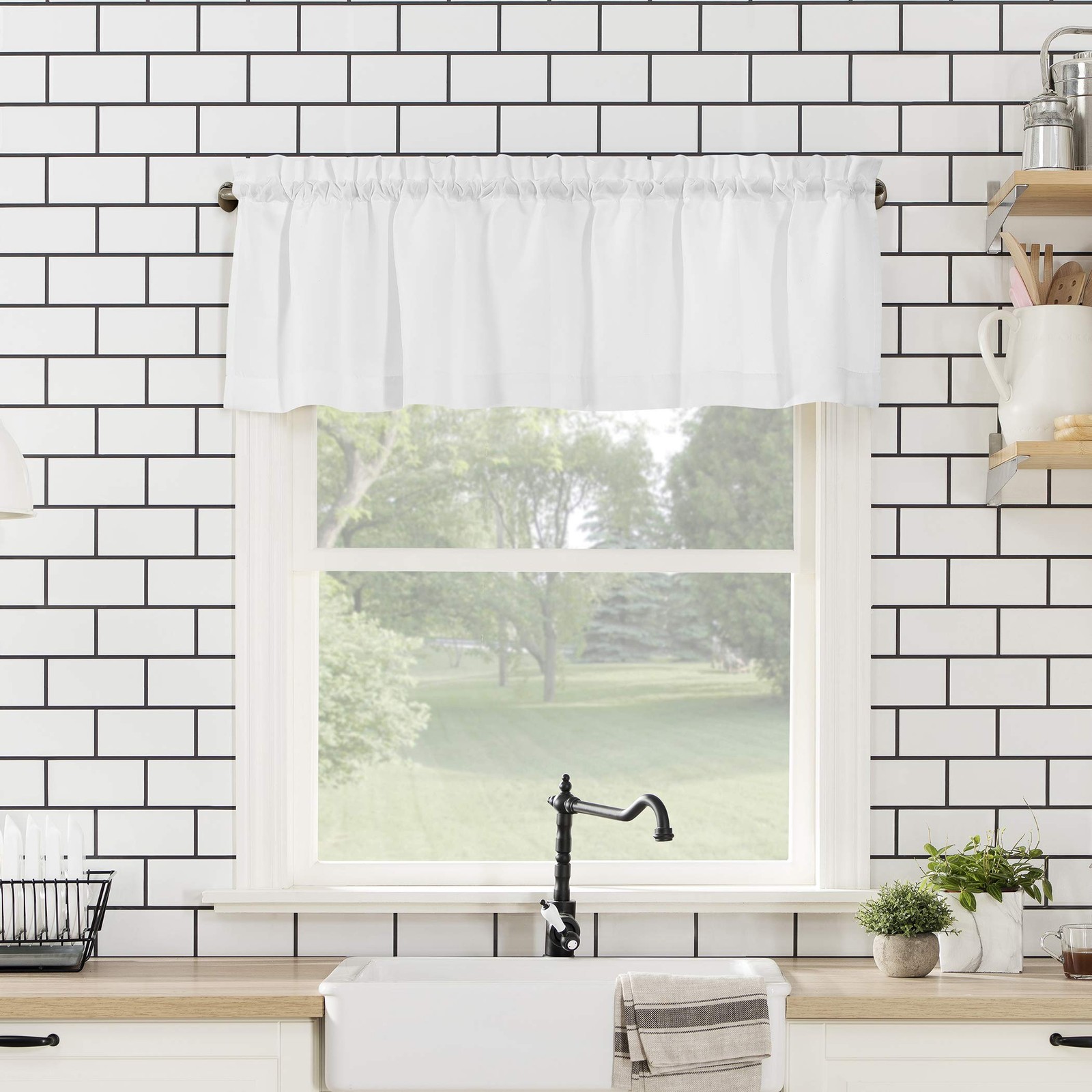 No 918 Martine White Microfiber Semi Sheer Kitchen Curtain Set 24×54 Inches