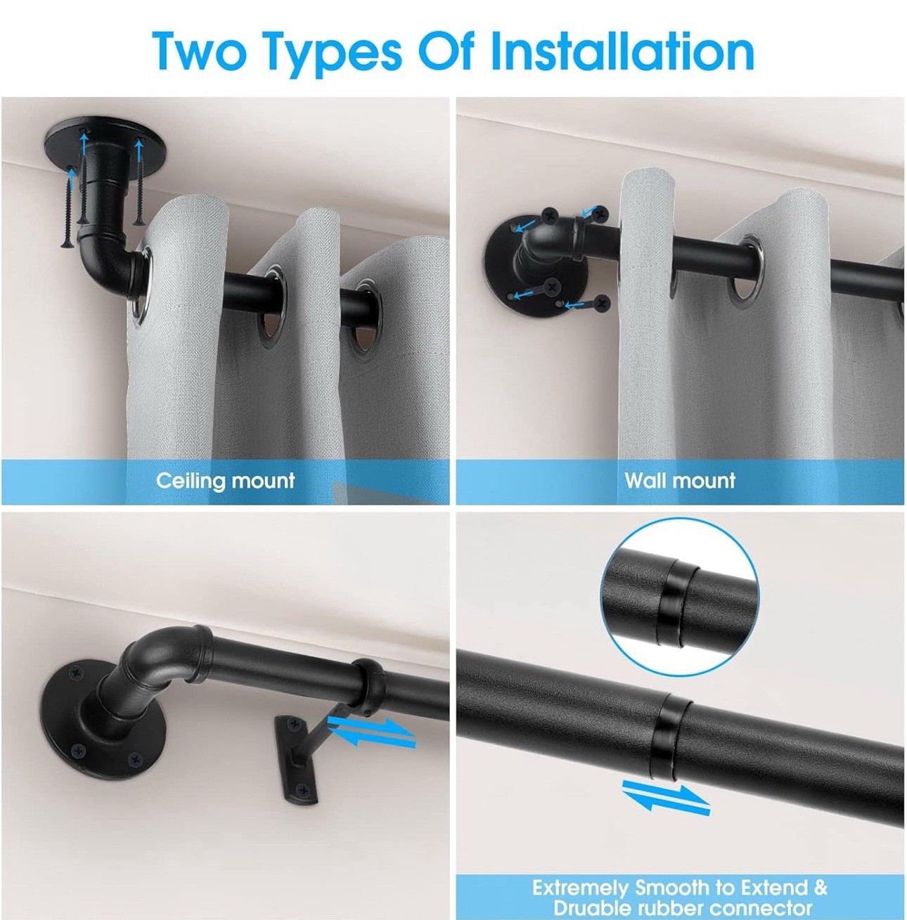 Industrial Black Curtain Rod for Windows adjustable from 48″to 84″, 1 in