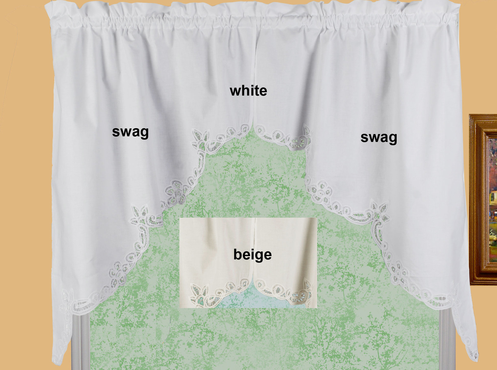 Batteburg Kitchen Curtain Valance Tier Swag Beige White