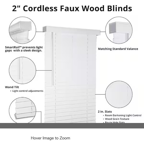 White Cordless Faux Wood Blinds for Windows 2 in. Slats in. 43.5 in W x 64 in L