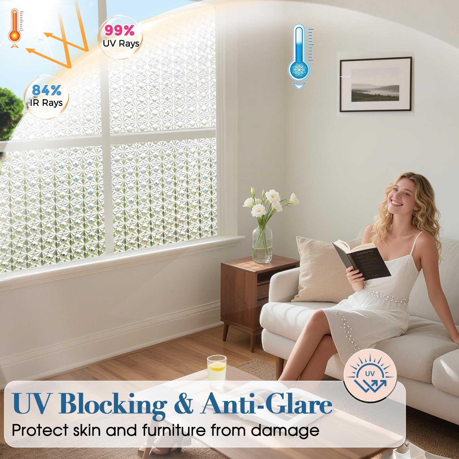 Windimiley 3D Diamond Frosted Glass Window Privacy Film, 17.5×78.7in, Pure