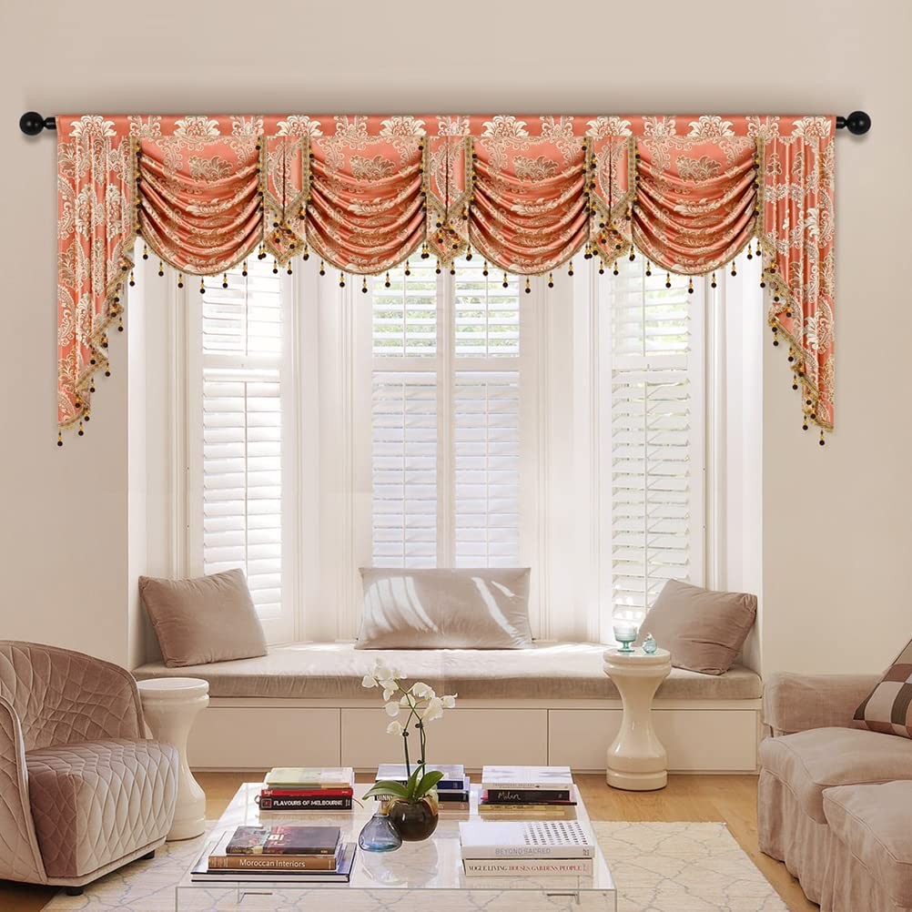 ELKCA European Style Waterfall Valance for Bedroom Damask Coffee Curtain Valance