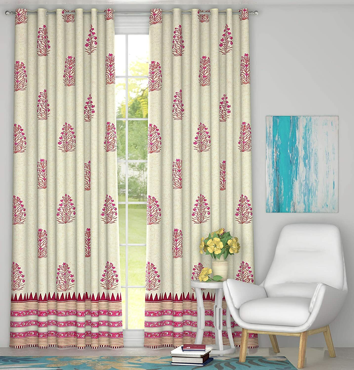 Hand Block Printed Cotton Daylight Door Curtains with Eyelets (4 x 7ft) Set of 2