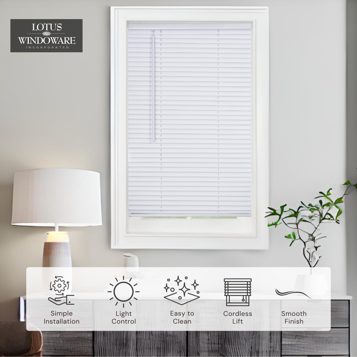 Lotus & Windoware Cordless 1″ Premium Vinyl Mini Blind 34″ x 48″