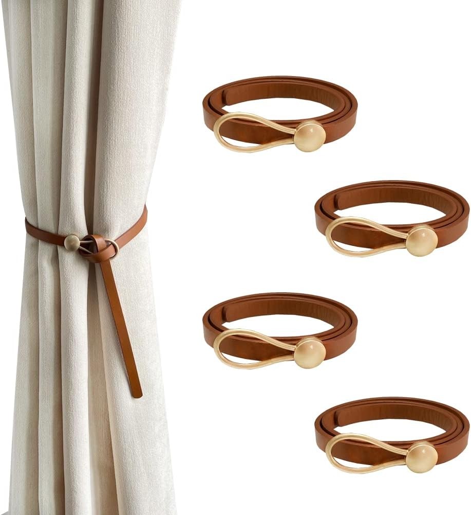 Leather Curtain Tie Backs, 4 Piece Minimalist Drapery Tiebacks, Brown