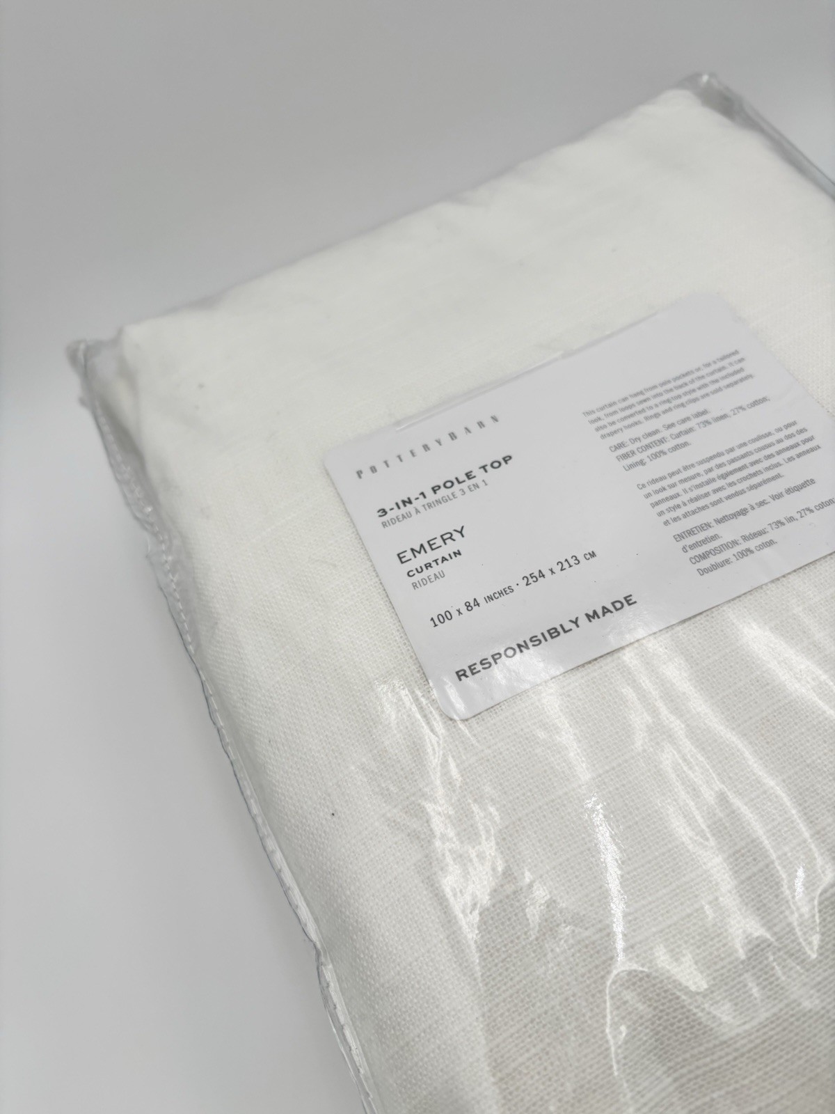 Pottery Barn Emery Linen Curtainv~vWhite~ 100″ W x 84″ L~ LF