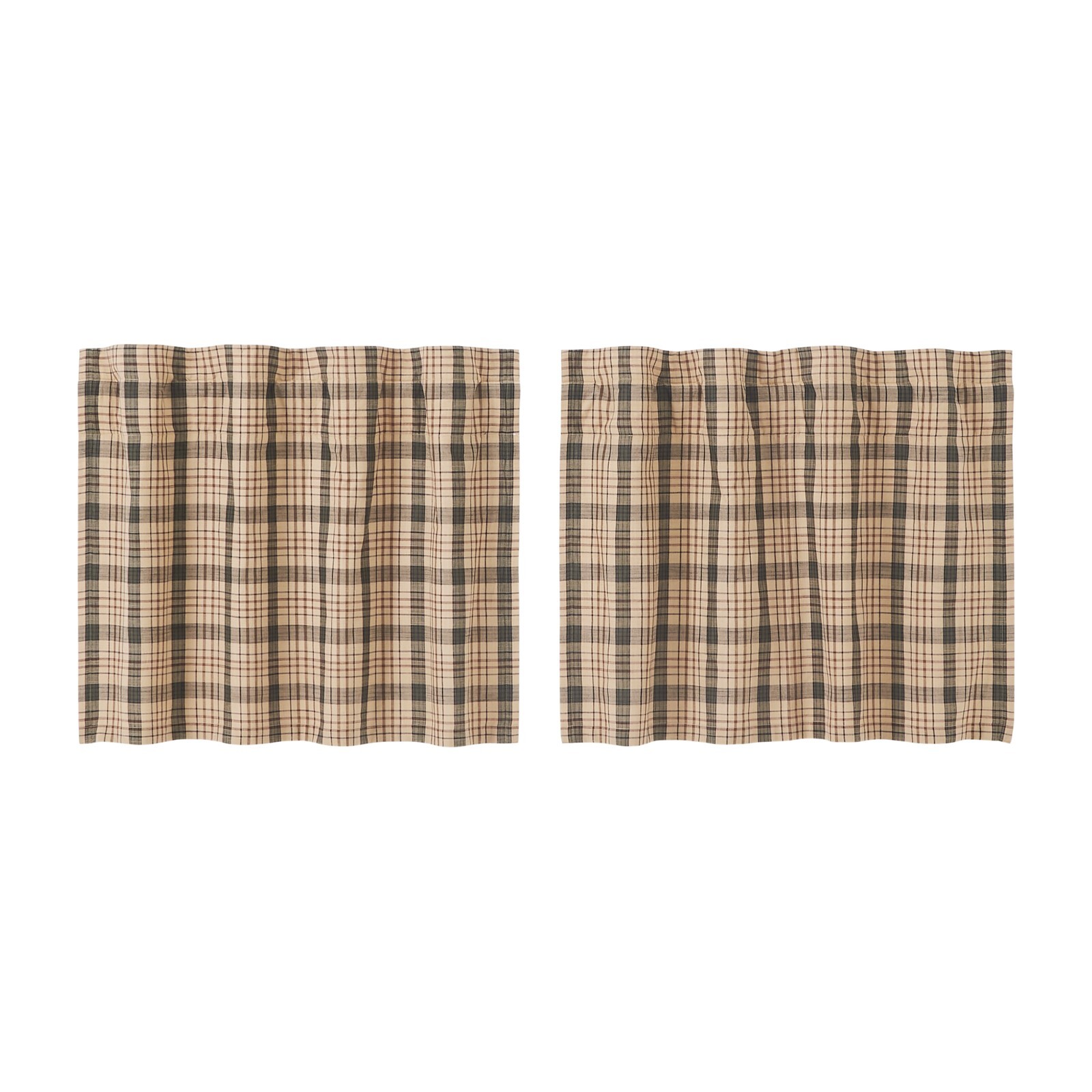 New Primitive Rustic DARK GREEN BROWN PLAID TIERS Cafe Curtains