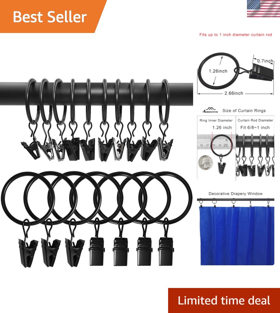 Set of 100 Rustproof Black Curtain Rings with Clips – Smooth Gliding Design