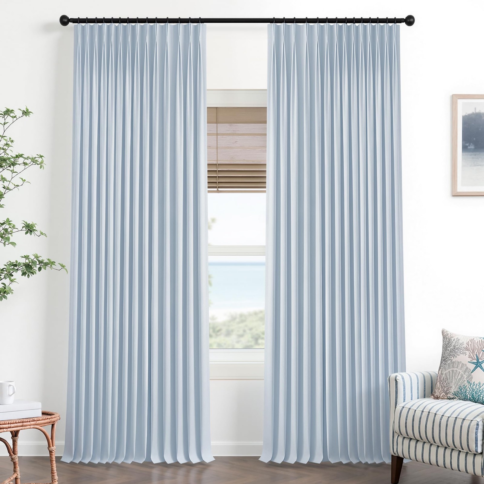 Mrs.Naturall Light Blue Curtains 108 Inches Longextra Long Pinch Pleated Linen