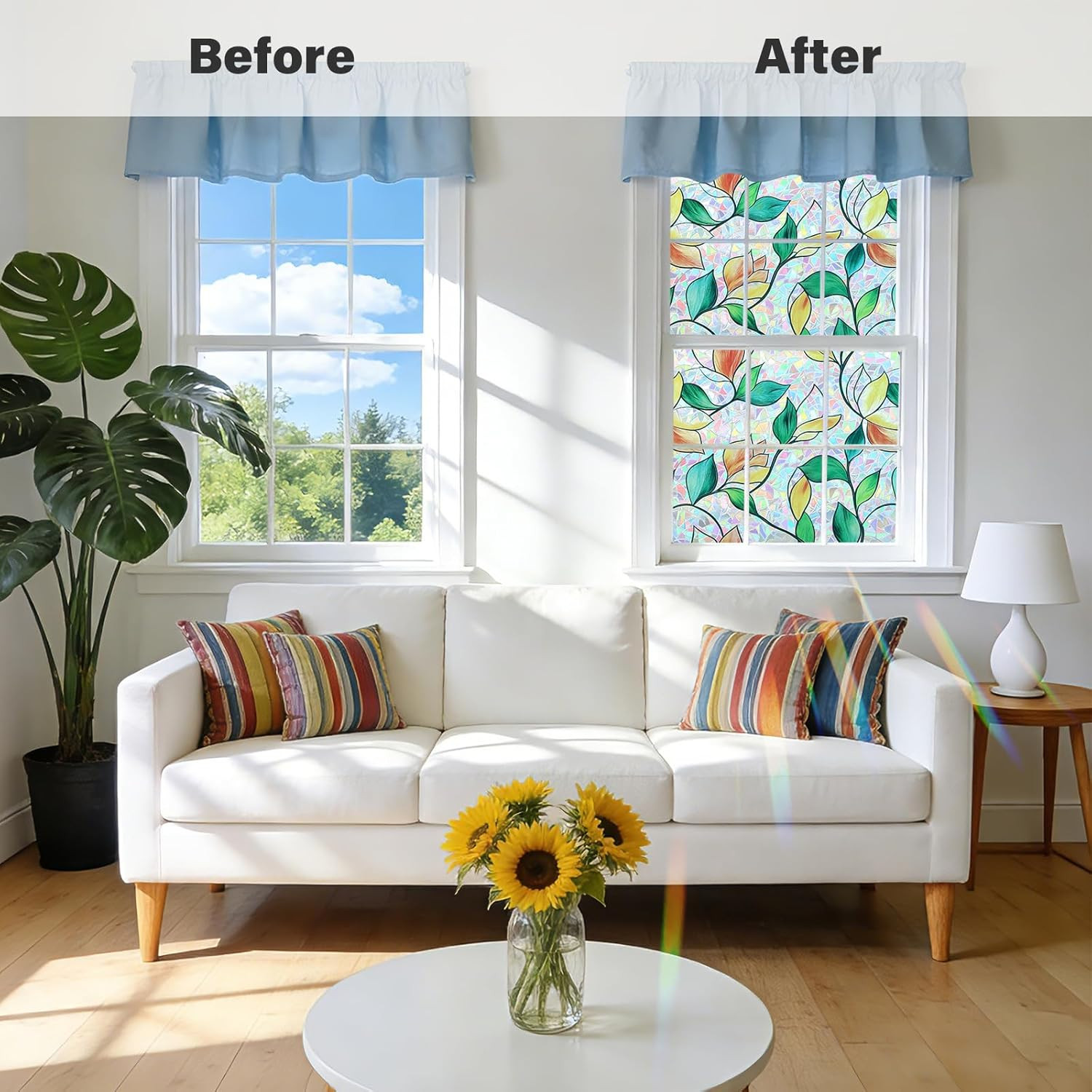 Window Privacy Film, Rainbow Stained Glass Window Film, Non-Adhesive Privacy Cov