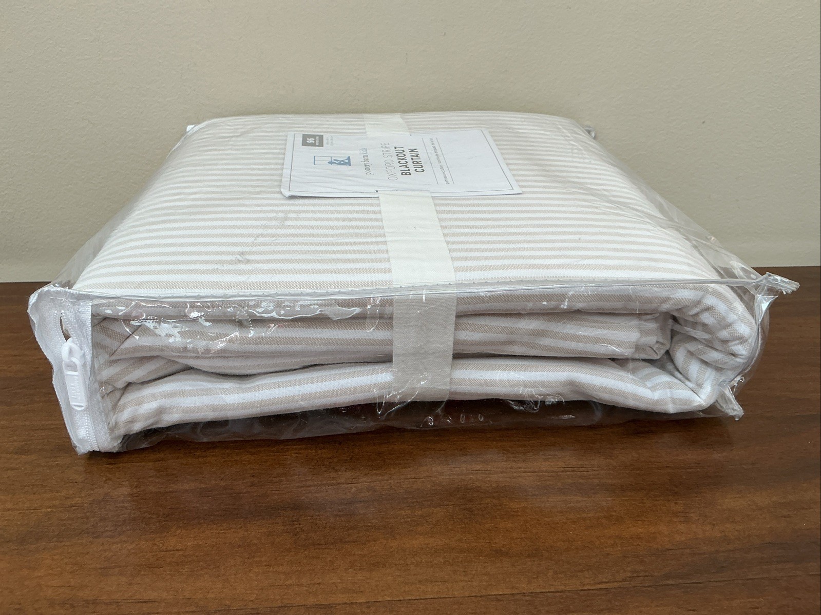 NEW Pottery Barn Oxford Stripe BLACKOUT Curtain Panel 44”x 96” NATURAL Tan Beige
