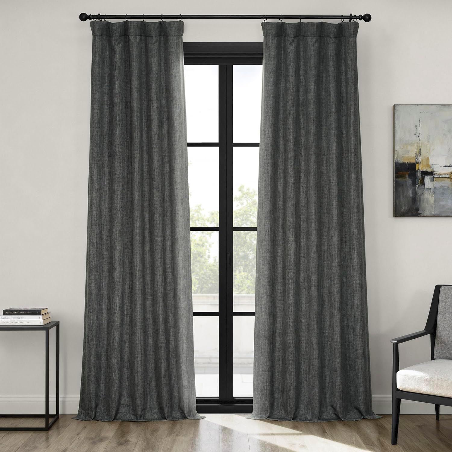 – Faux Linen Curtains for Living Room (1 Panel) – 50W X 96L – Textured Room Dark
