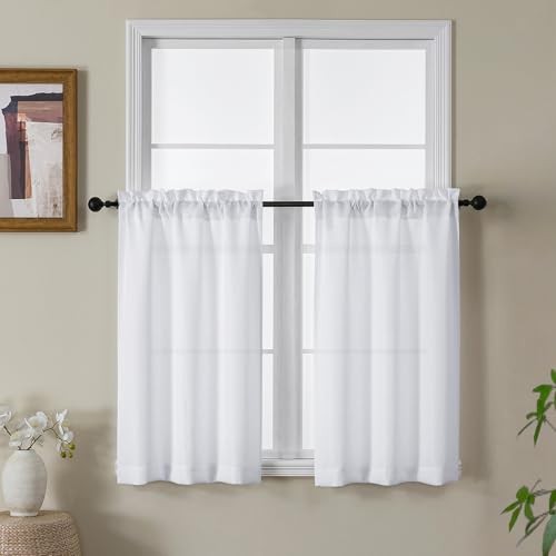 Kitchen Curtains 36 Inch Length, Light Filtering 30″W x 36″L (Pack of 2) White