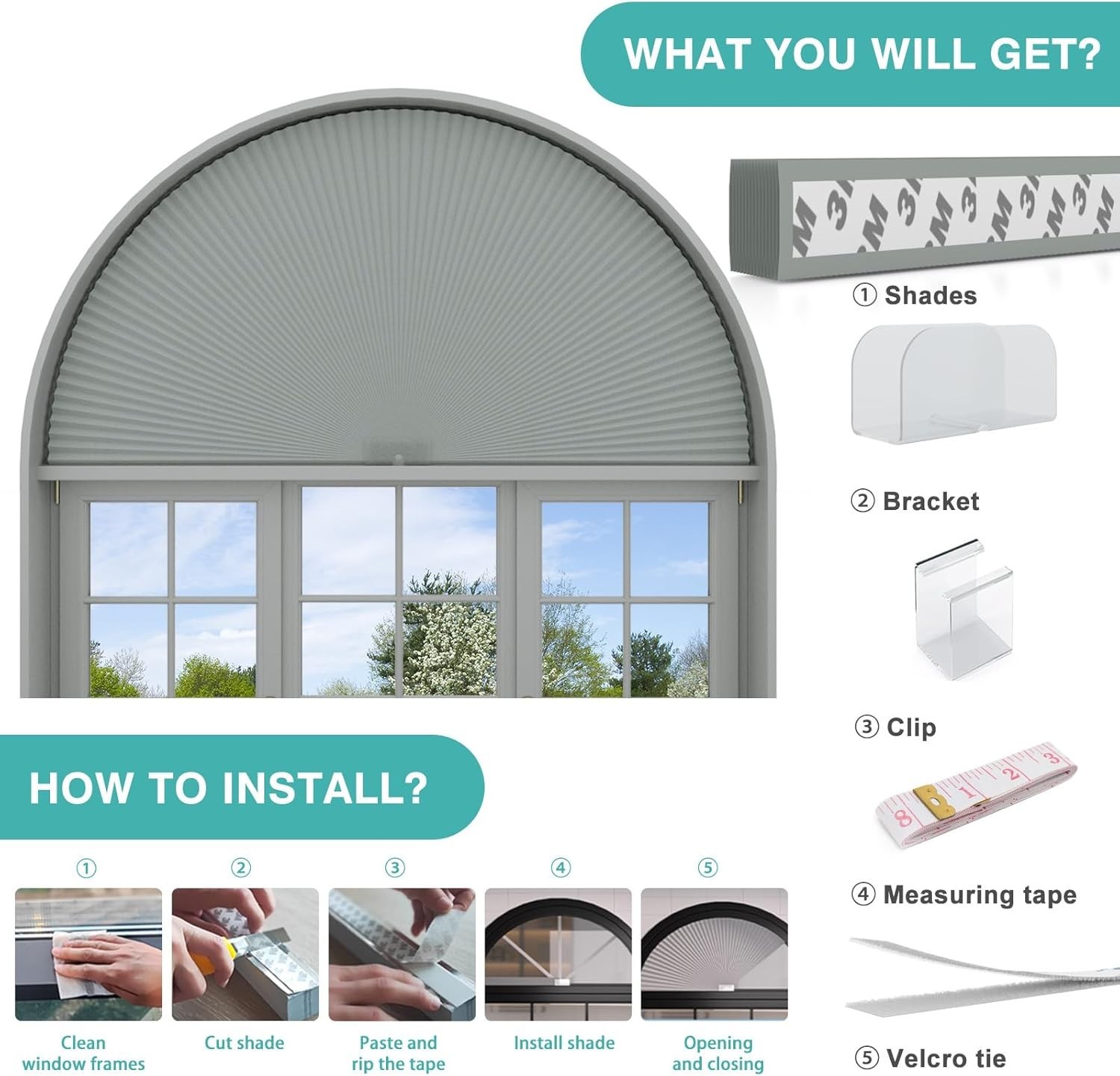 Blackout Cellular Shades Window Coverings for Arches 24 Inch Radius No Drill
