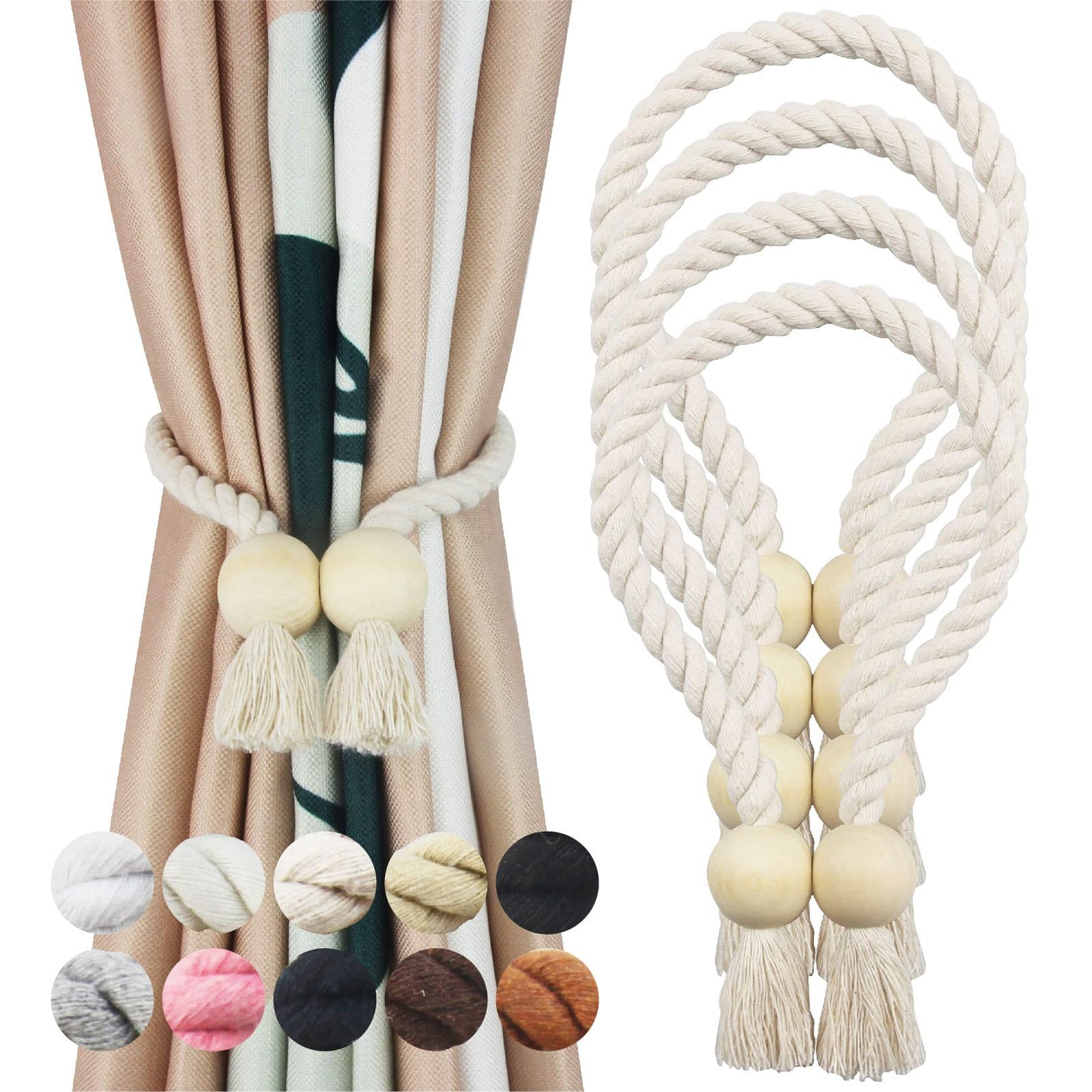 4 Pack Beige Magnetic Curtain Tiebacks Cotton Hand Woven Tieback Holdback Dec…