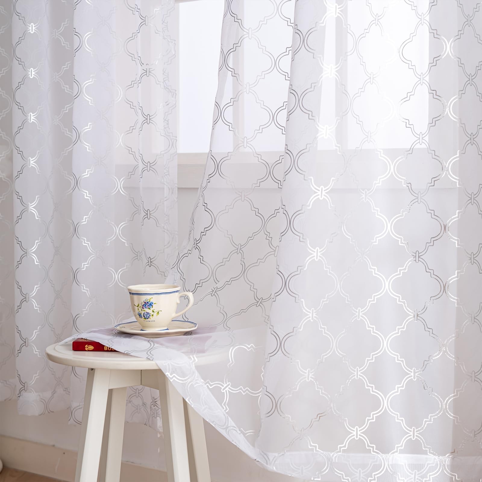 Metallic Pearl White Sheer Curtains 84 Inches Long for Living Room, Silver Tr…