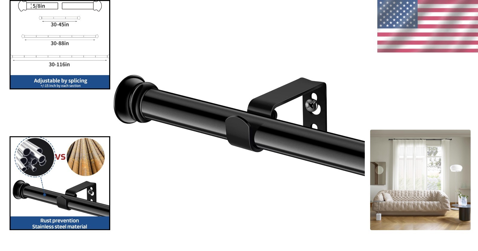 Small End Design Adjustable Curtain Rods 30-116″ – Heavy Duty Black Steel Set