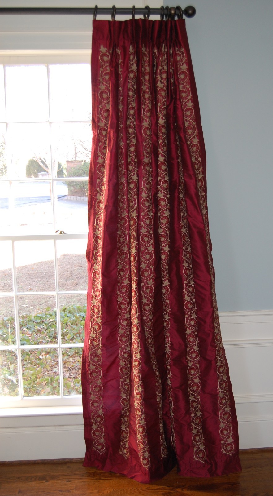New Custom Drapery – Curtain 100% Silk with Embroidered Flowers Pinch Pleat