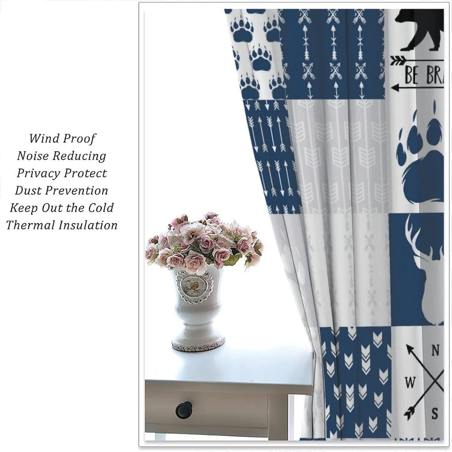Rustic Deer Bear Blackout Curtains,Retro Cabin Hunting Theme Forest Wildlife Blu