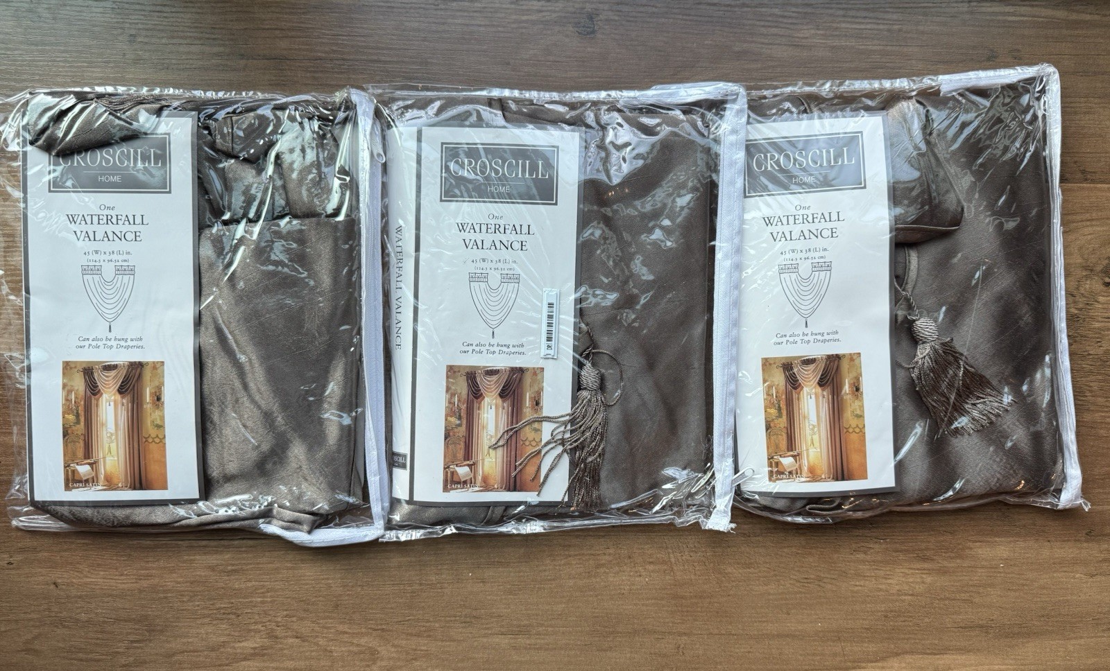 3 Vtg Croscill Waterfall Valances Capri Satin In Bronze Tassels New 45×38” Each