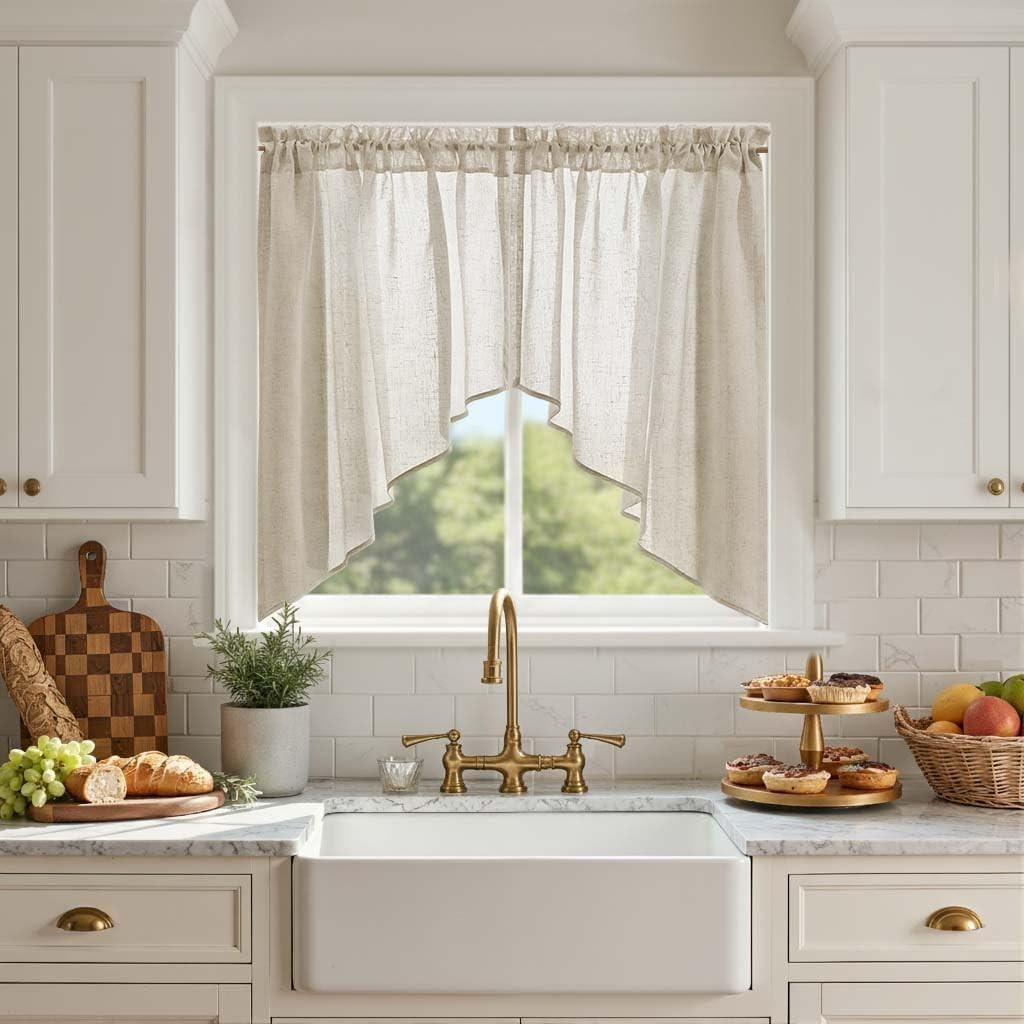 Elegant 36 Inch Light Filtering Valance | 2 Panel Country Linen Set in Beige