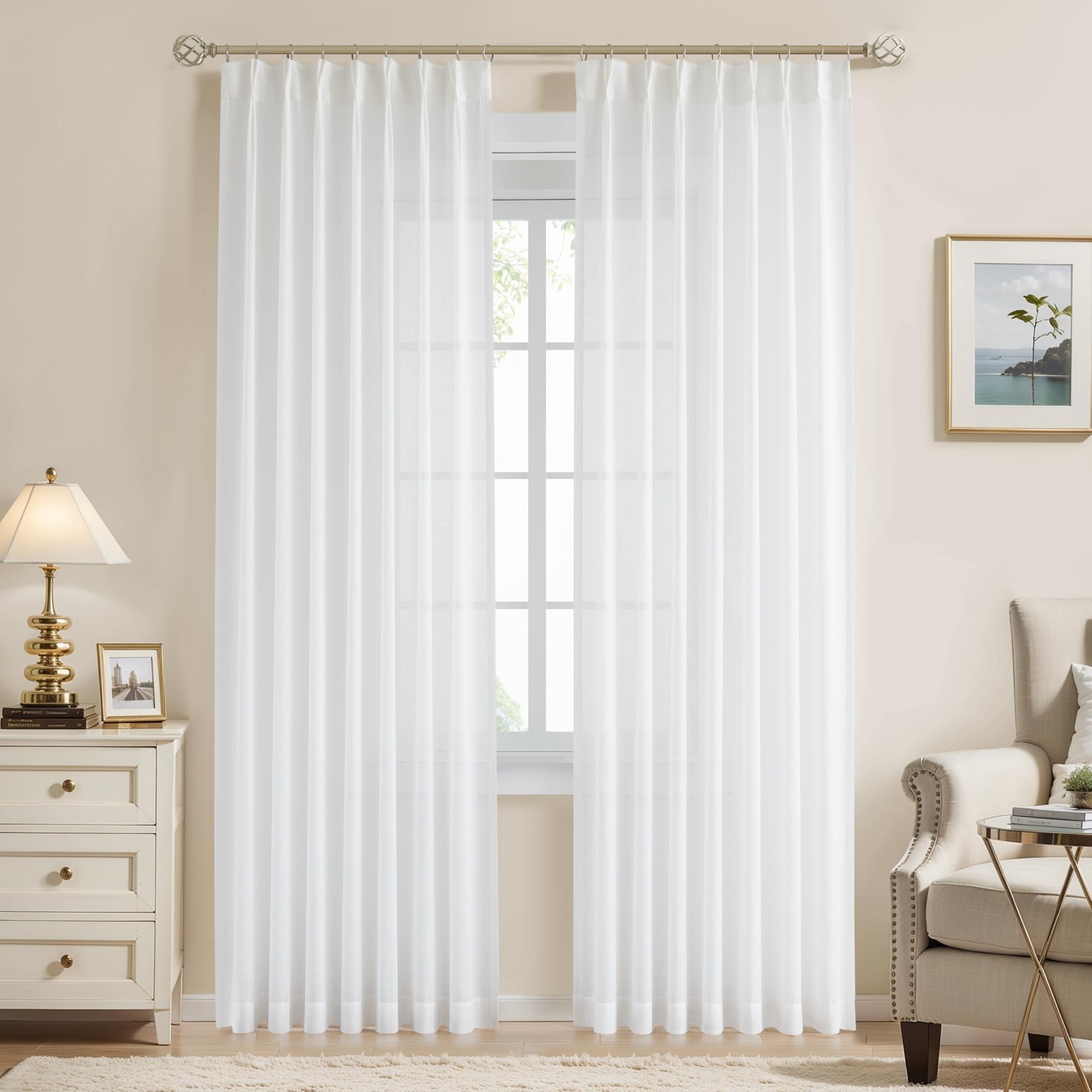 95Inches Length White Pinch Pleated Sheer Curtains for Living Room Bedroom,Fa…