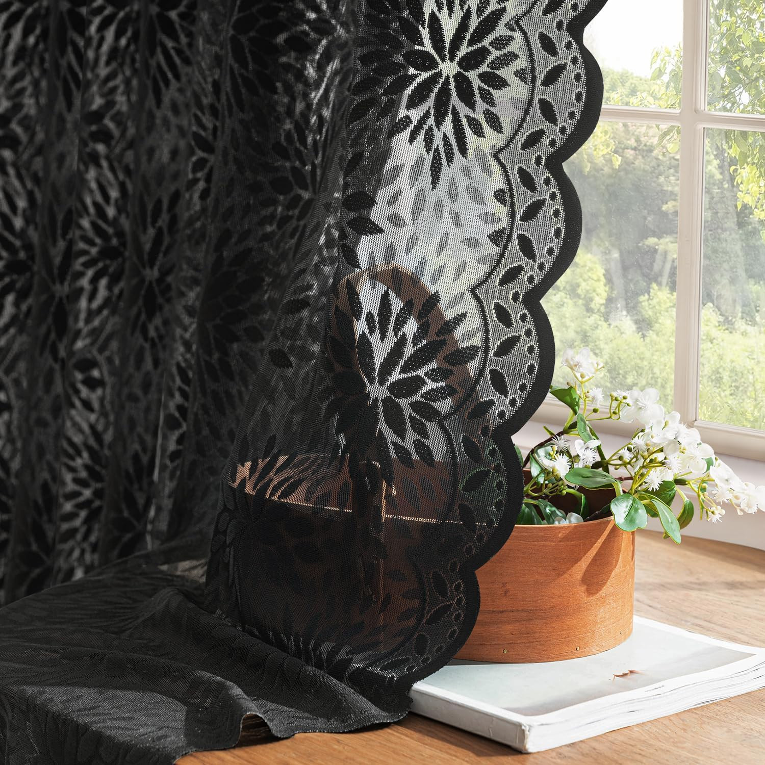 Black Lace Curtains 54 Inch Length, Victorian Floral Semi Sheer Tier