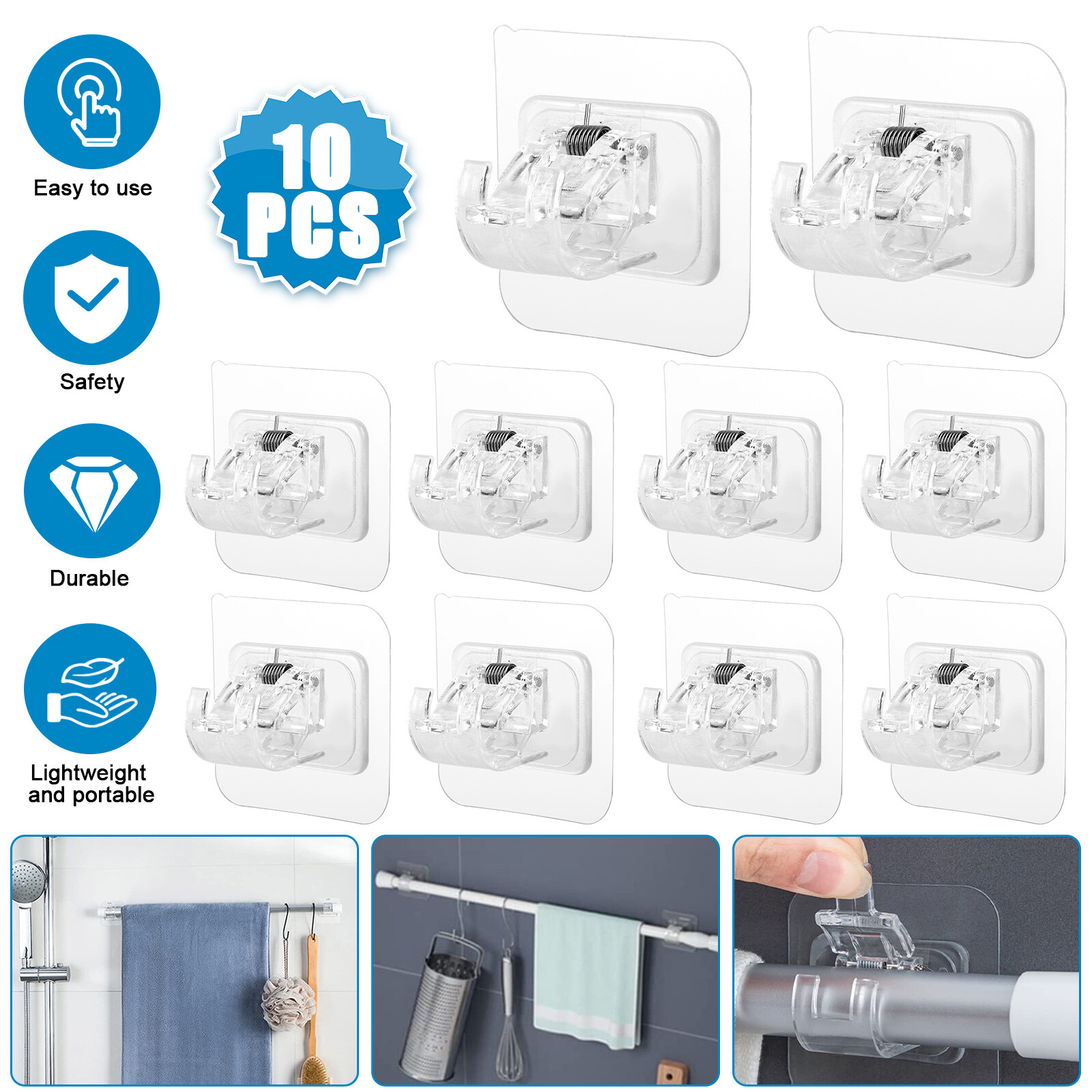 10PCS Hooks Nail Free Adjustable Curtain Rod Clip Brackets Self Adhesive Holders