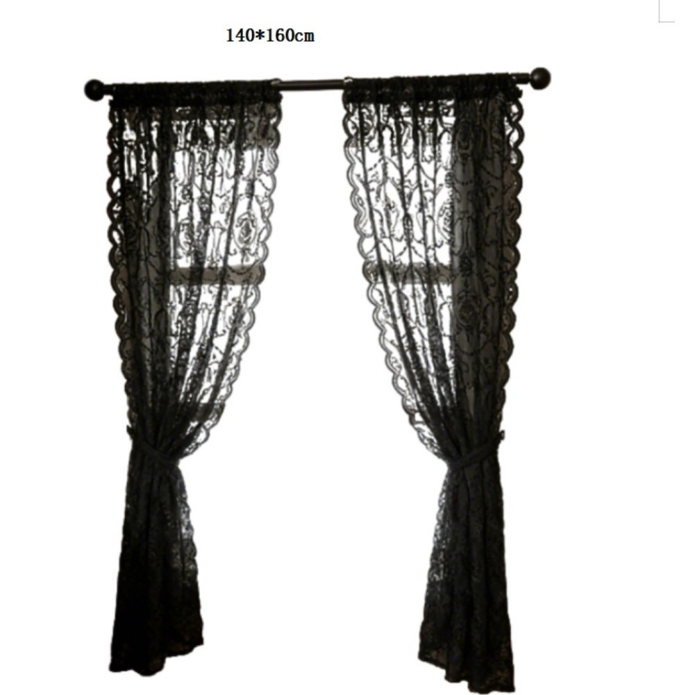 Black Sheer Lace Window Curtains Polyester Fabric European Vintage Style