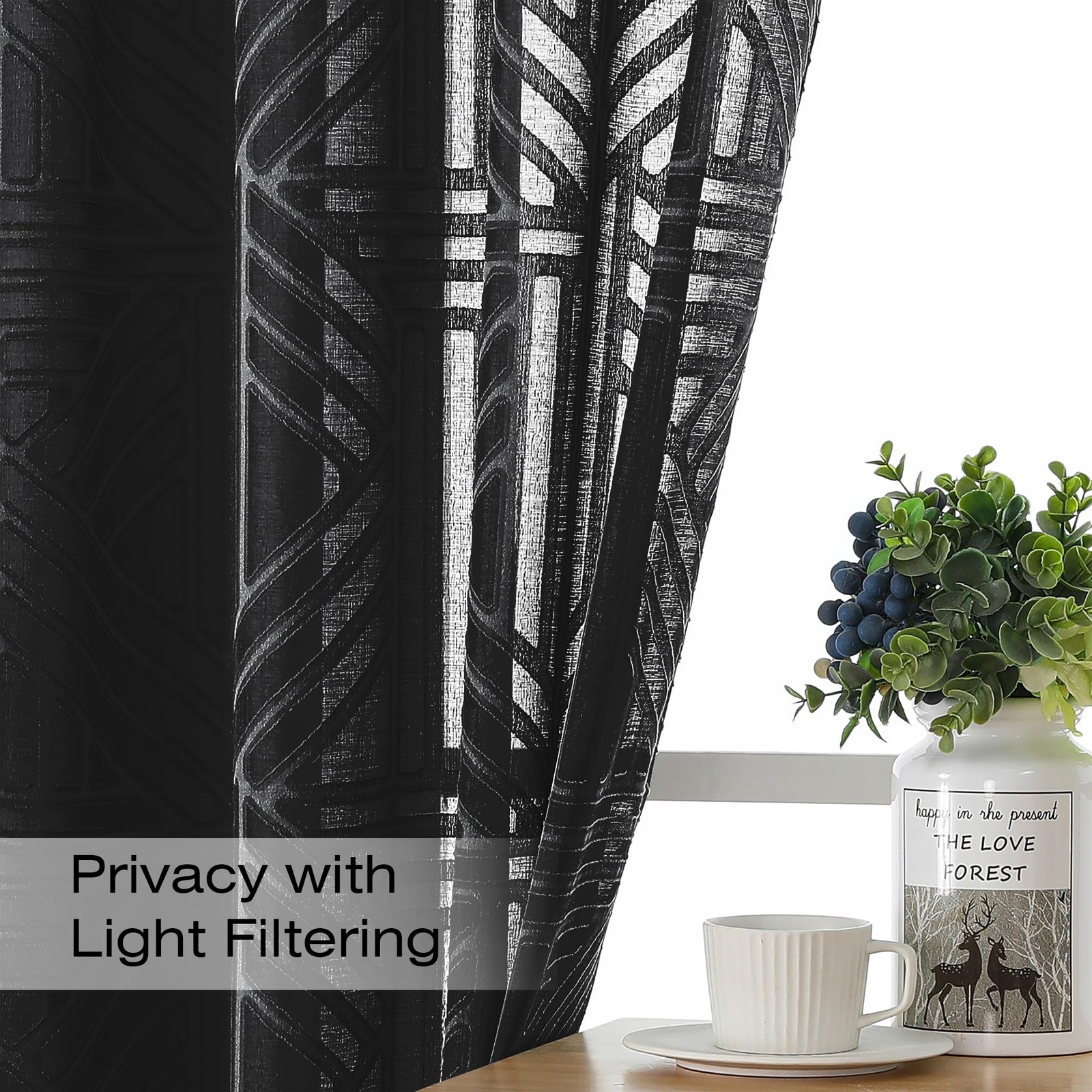 Semi Sheer Window Curtains, 84 Inch, 2 Panels, Jacquard Weave, Black